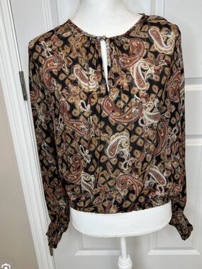 Smocked Waist Paisley V-Neck Blouse - Black/Multi